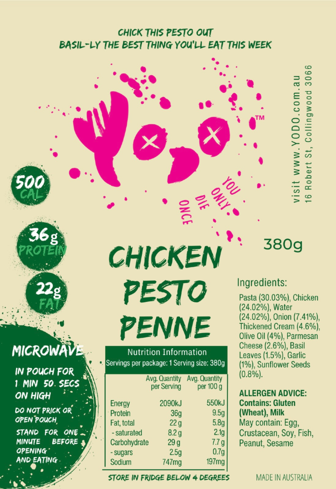 YODO returning April 30th Chicken Pesto Penne (466-500 cals)