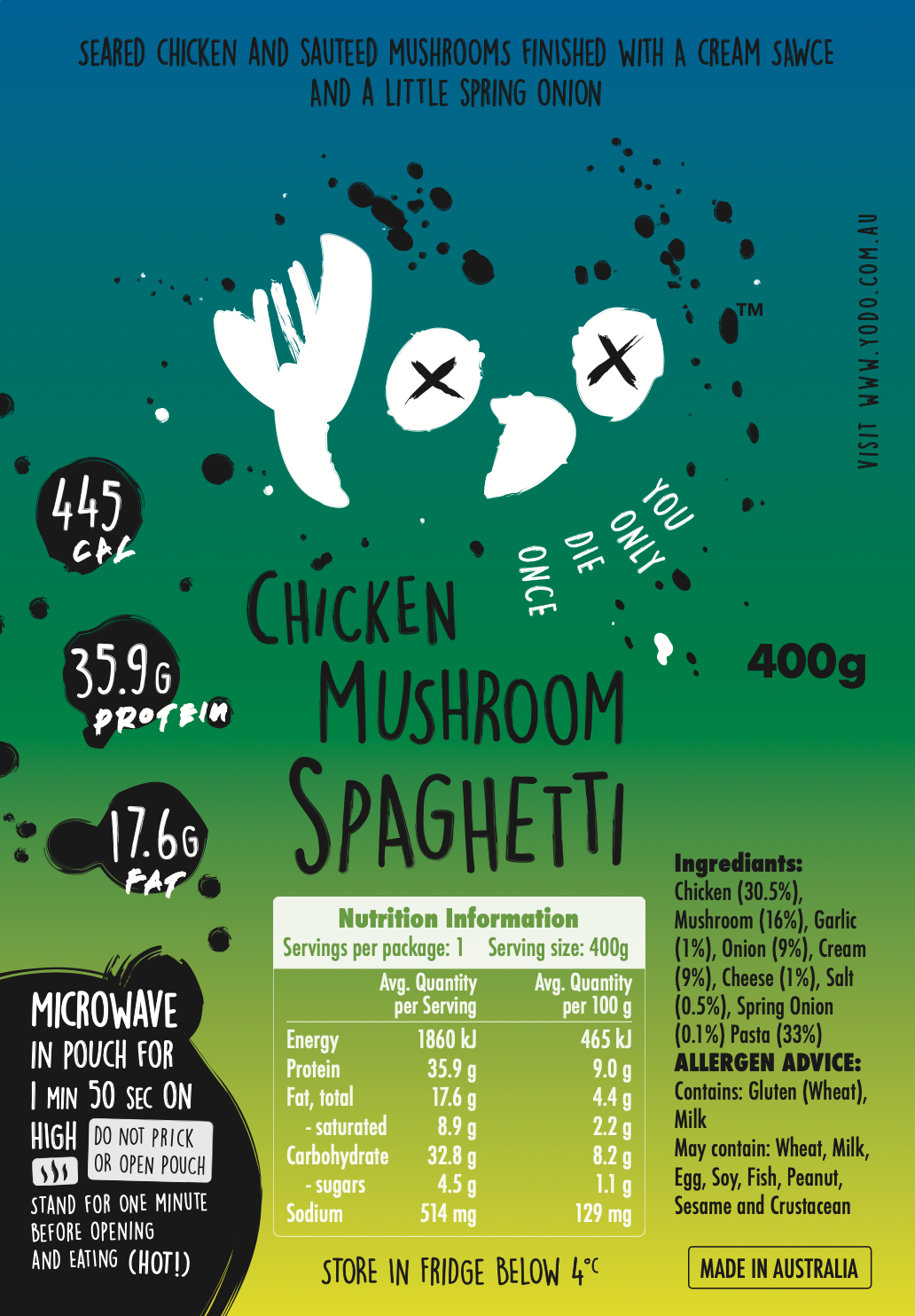 YODO Returning Oct 31st Spaghetti Pollo e Funghi (Chicken & Mushroom spaghetti) 410cal