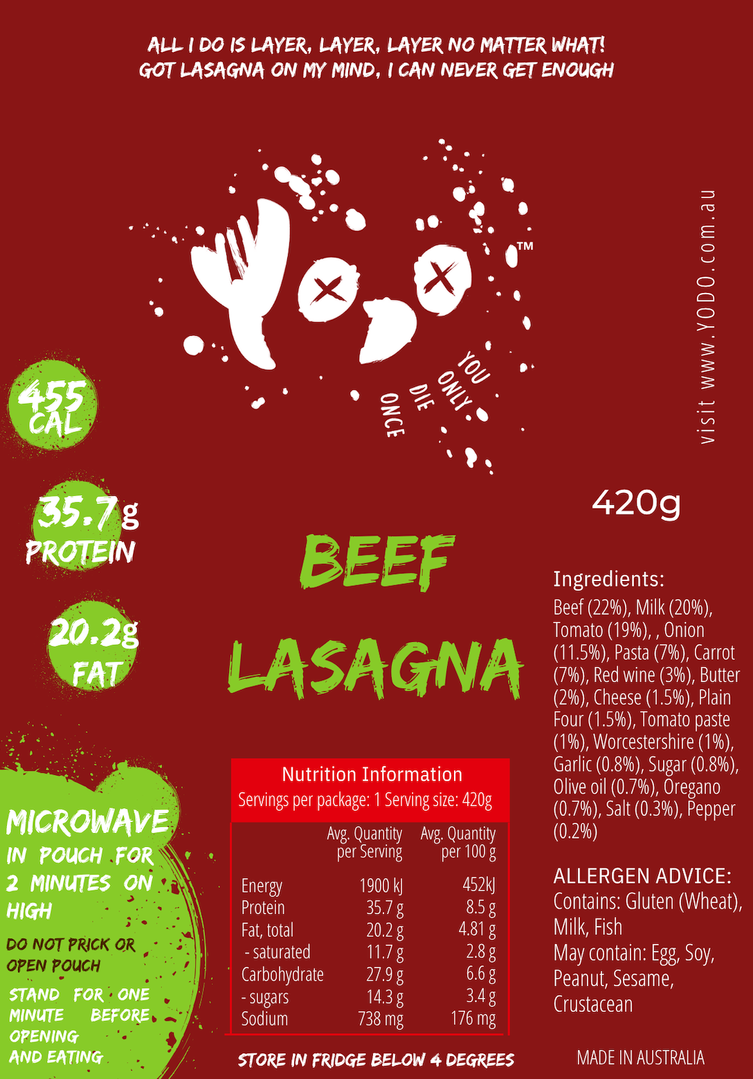 YODO returning Nov 3rd Beef Lasagna (455 cal)