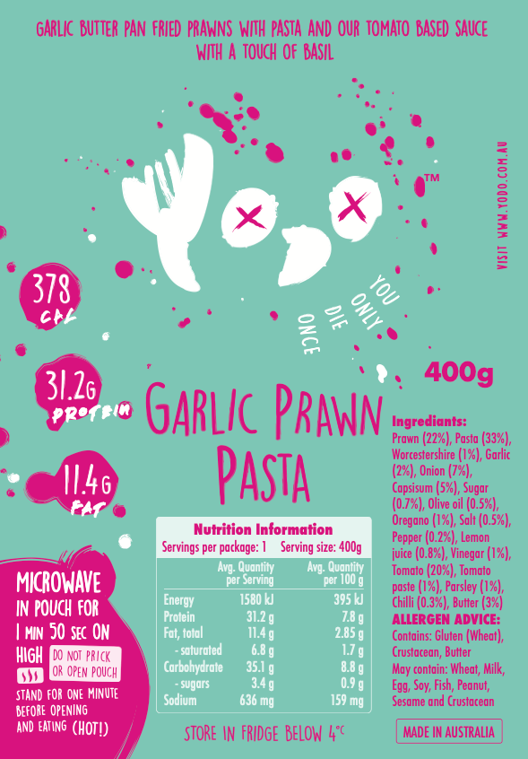 YODO Returning June 12th Garlic Prawn Pasta (377 cal)